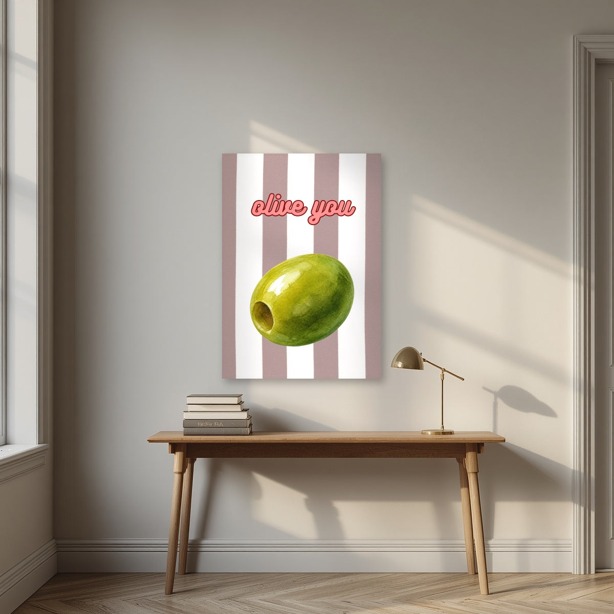 Olive You – Tuscan Taupe as an unframed print, above an oak writing desk