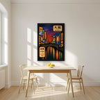 Dotonbori Dusk — Osaka art print, in a black frame, styled in a kitchen