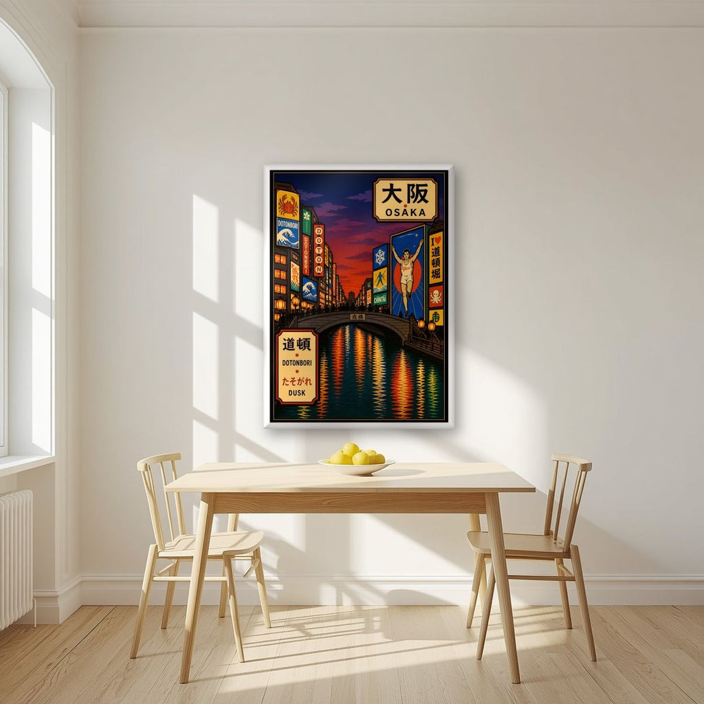 Dotonbori Dusk — Osaka art print, in a white frame, styled in a kitchen