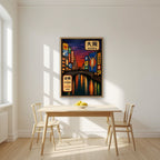 Dotonbori Dusk — Osaka art print, in an oak frame, styled in a kitchen