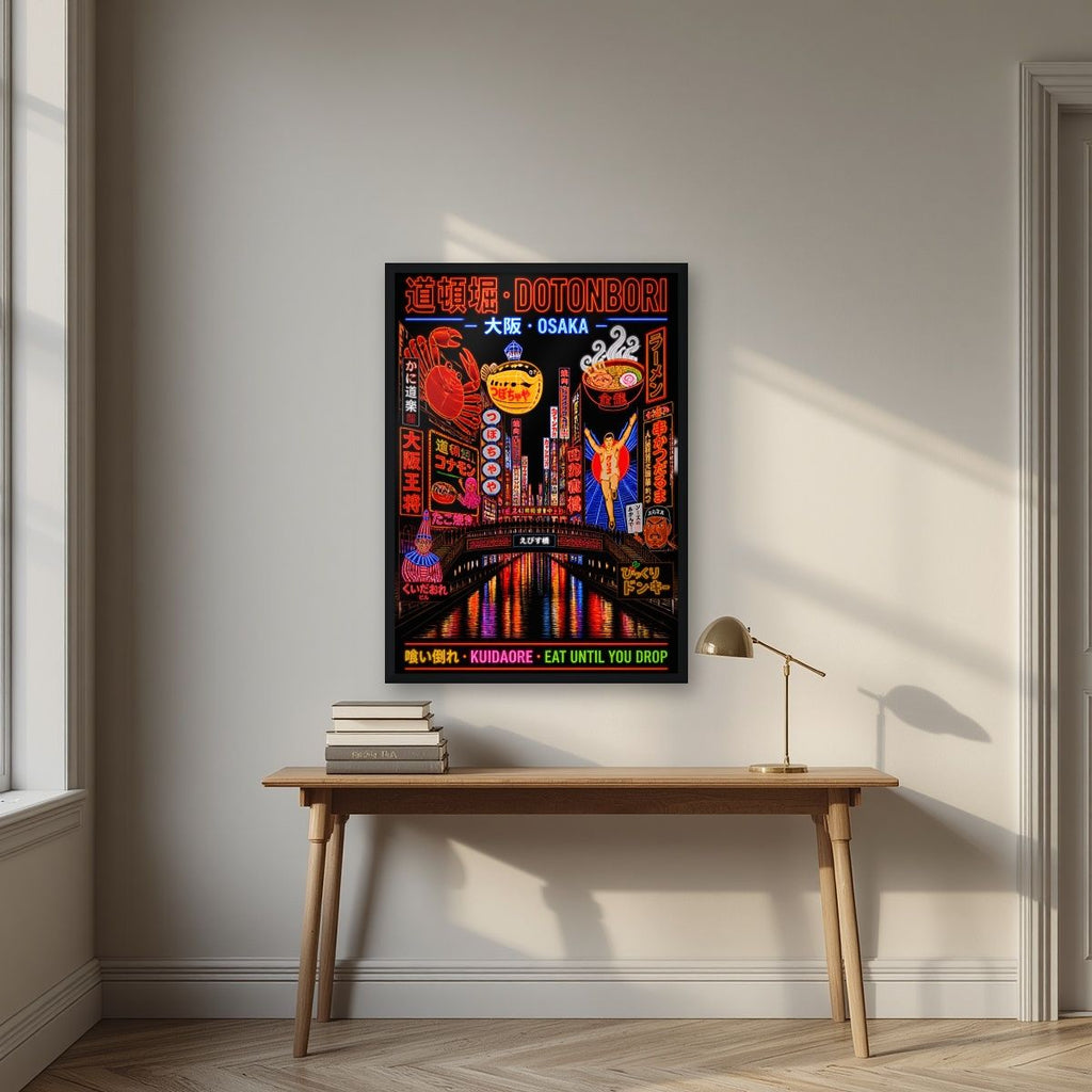 Kuidaore — Osaka art print, in a black frame, styled in a desk