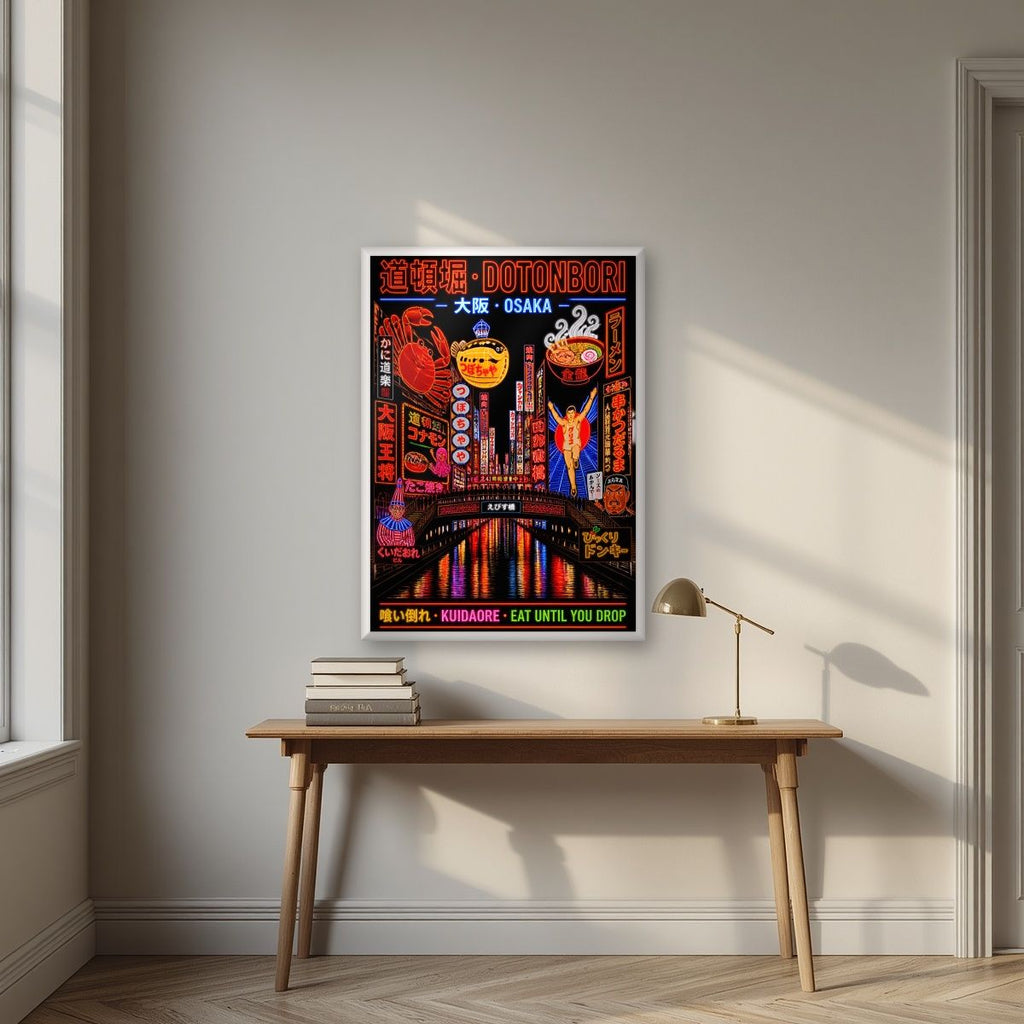 Kuidaore — Osaka art print, in a white frame, styled in a desk
