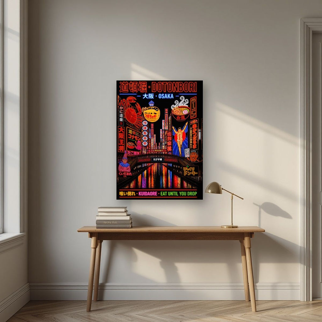 Kuidaore — Osaka art print, on slim canvas, styled in a desk
