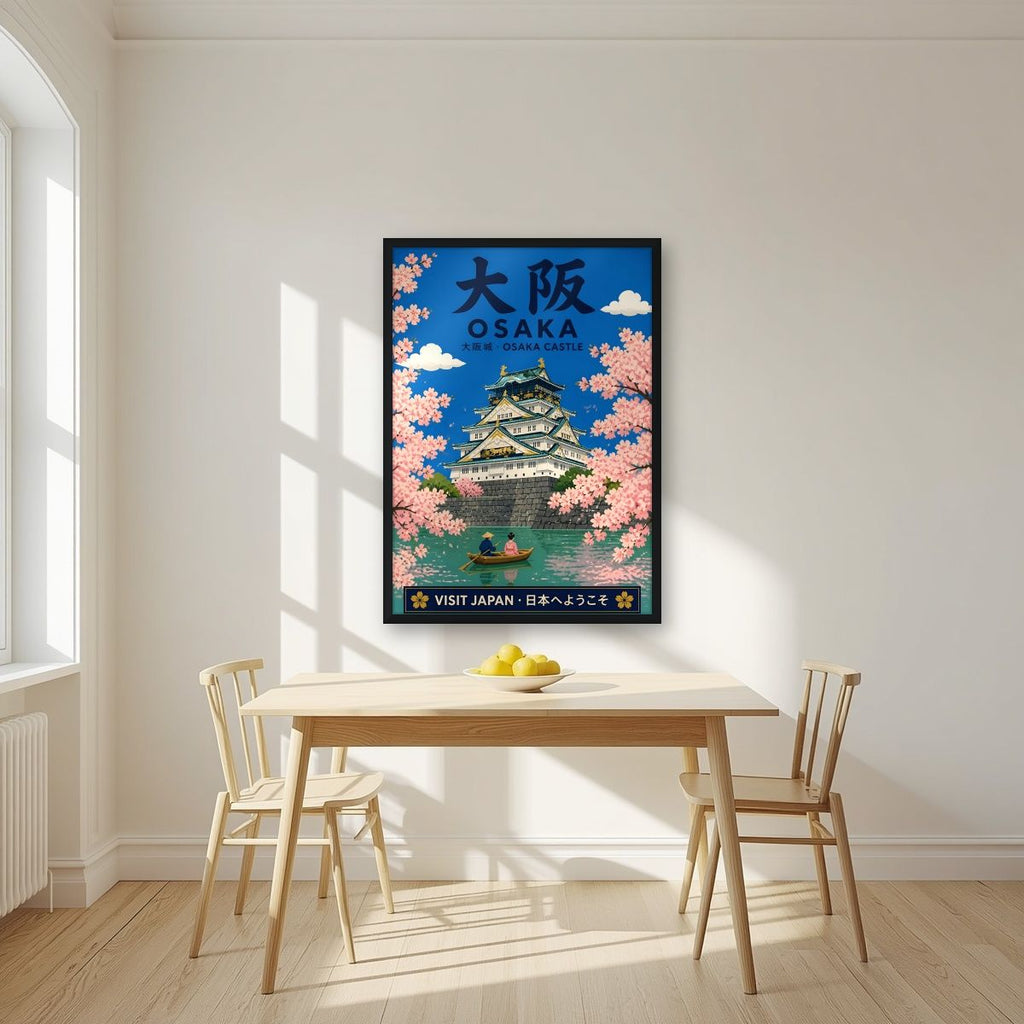 Osaka Castle — Osaka art print, in a black frame, styled in a kitchen