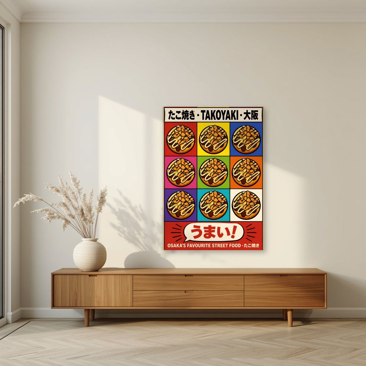 Takoyaki — Osaka art print, unframed poster, styled in a living room