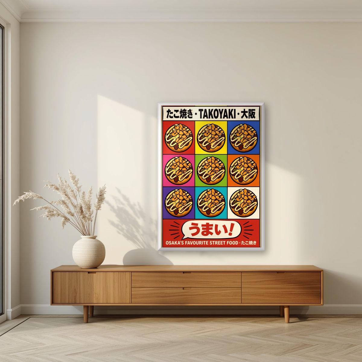 Takoyaki — Osaka art print, in a white frame, styled in a living room