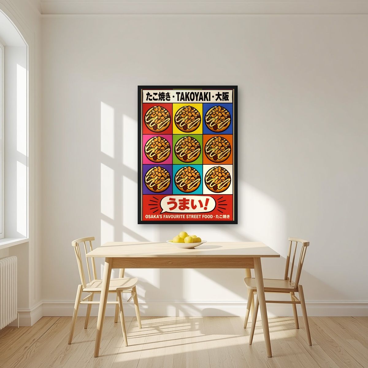 Takoyaki — Osaka art print, in a black frame, styled in a kitchen