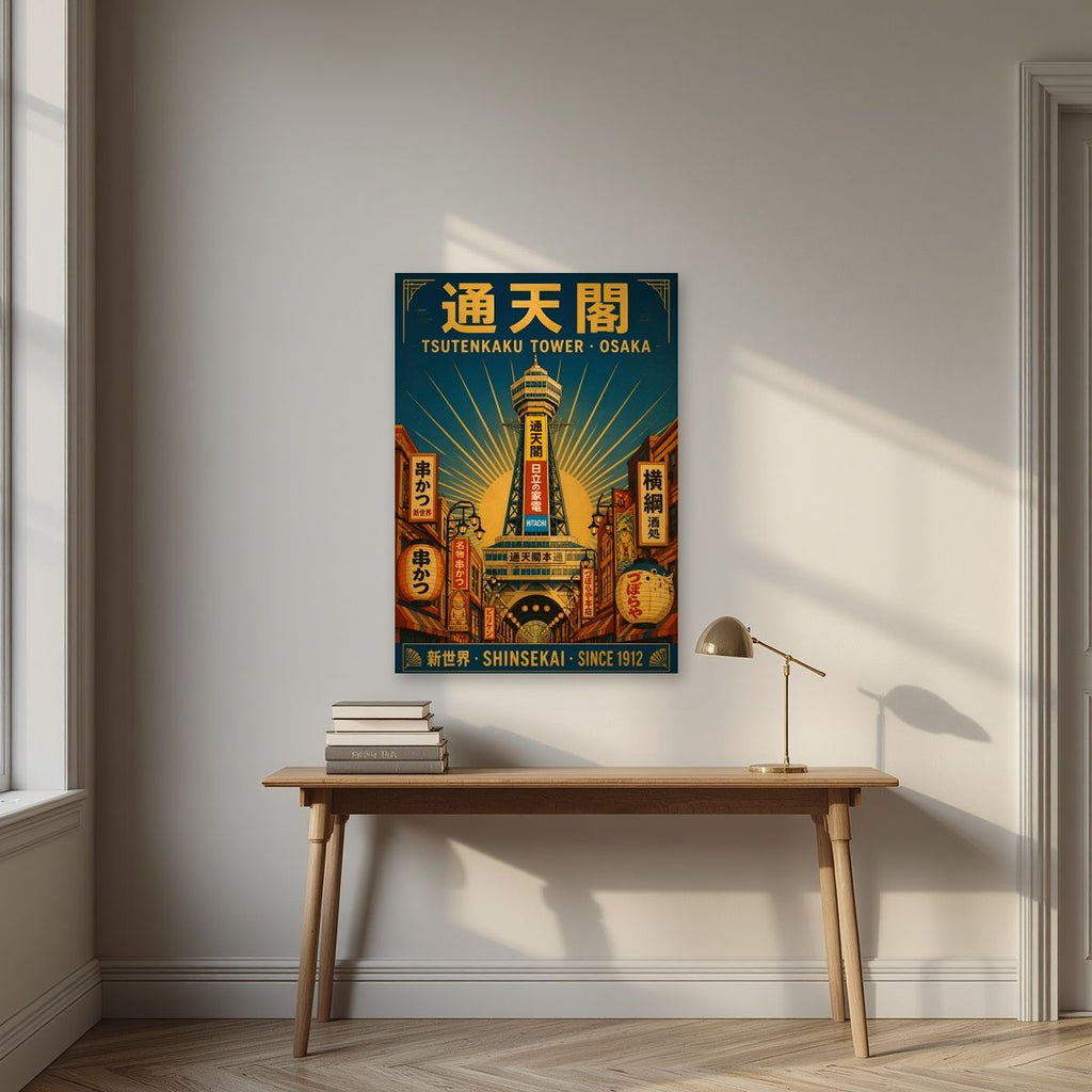 Tsutenkaku Tower — Osaka art print, unframed poster, styled in a desk