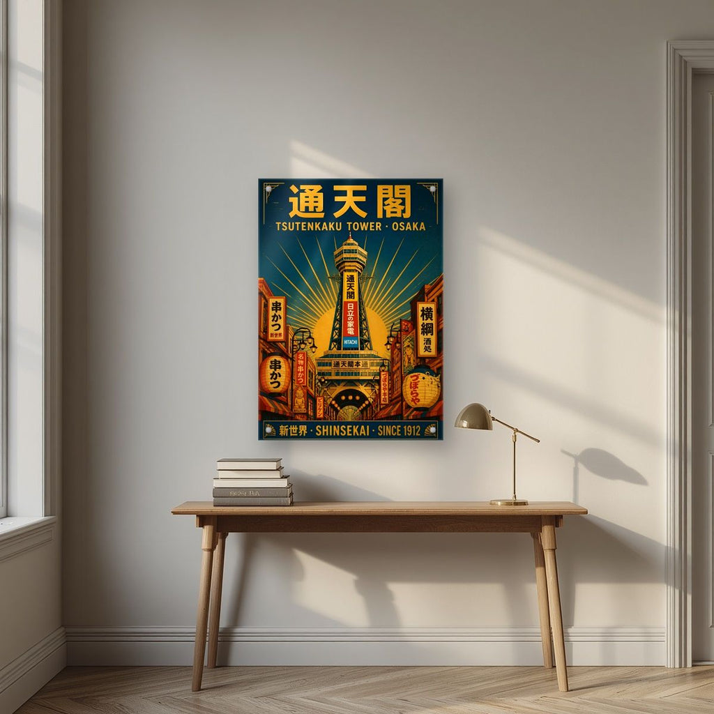 Tsutenkaku Tower — Osaka art print, as an acrylic print, styled in a desk