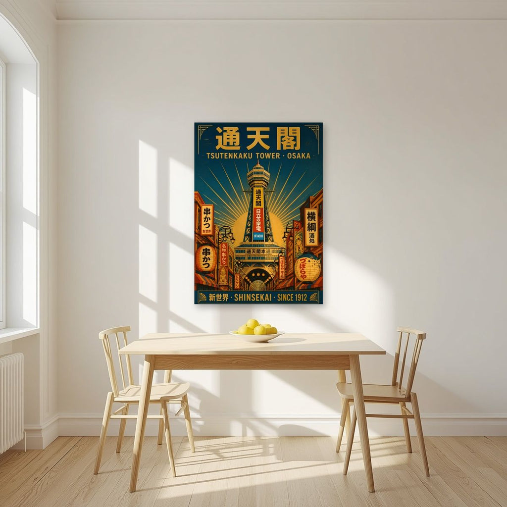 Tsutenkaku Tower — Osaka art print, unframed poster, styled in a kitchen