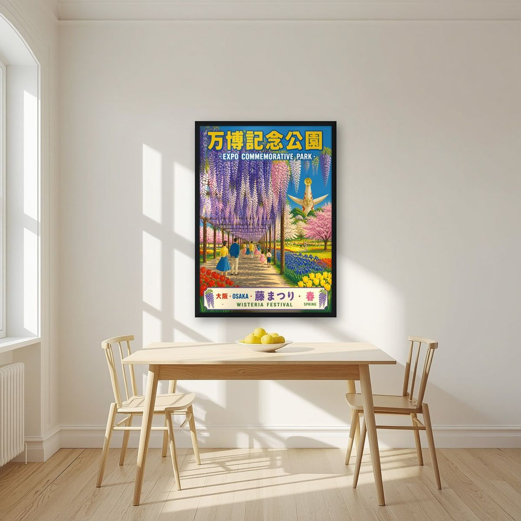 Wisteria Festival — Osaka art print, in a black frame, styled in a kitchen