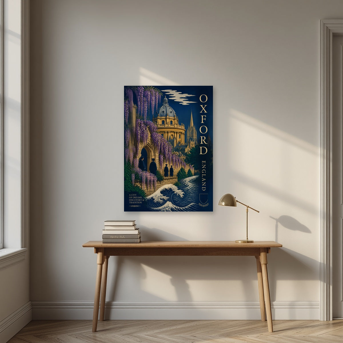 Oxford, A City of Dreams as an unframed print, above an oak writing desk