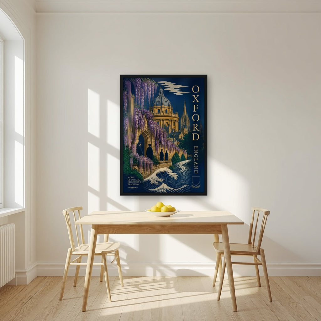 Oxford, A City of Dreams in a black frame, above a dining table in a bright kitchen