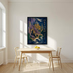 Oxford, A City of Dreams in a black frame, above a dining table in a bright kitchen