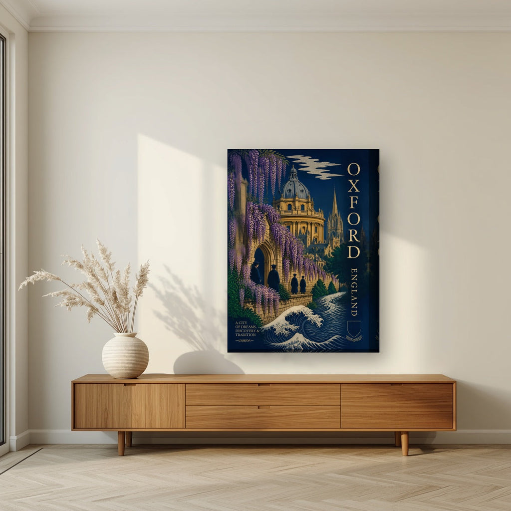 Oxford, A City of Dreams on a thick-edge canvas, above a walnut sideboard in a living room