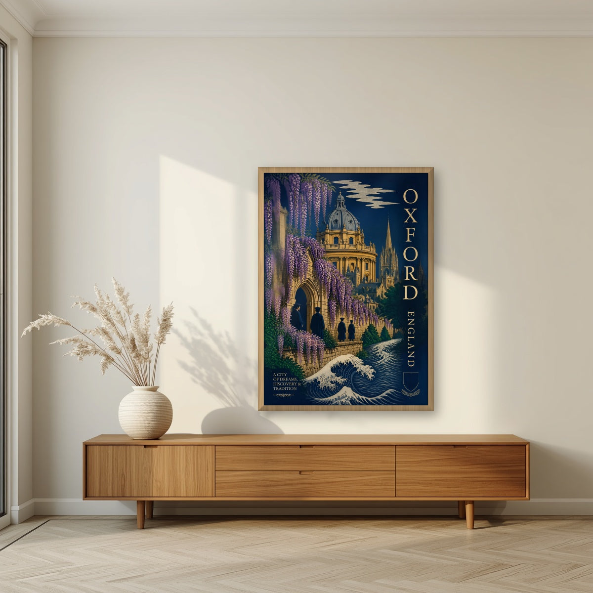 Oxford, A City of Dreams in an oak frame, above a walnut sideboard in a living room