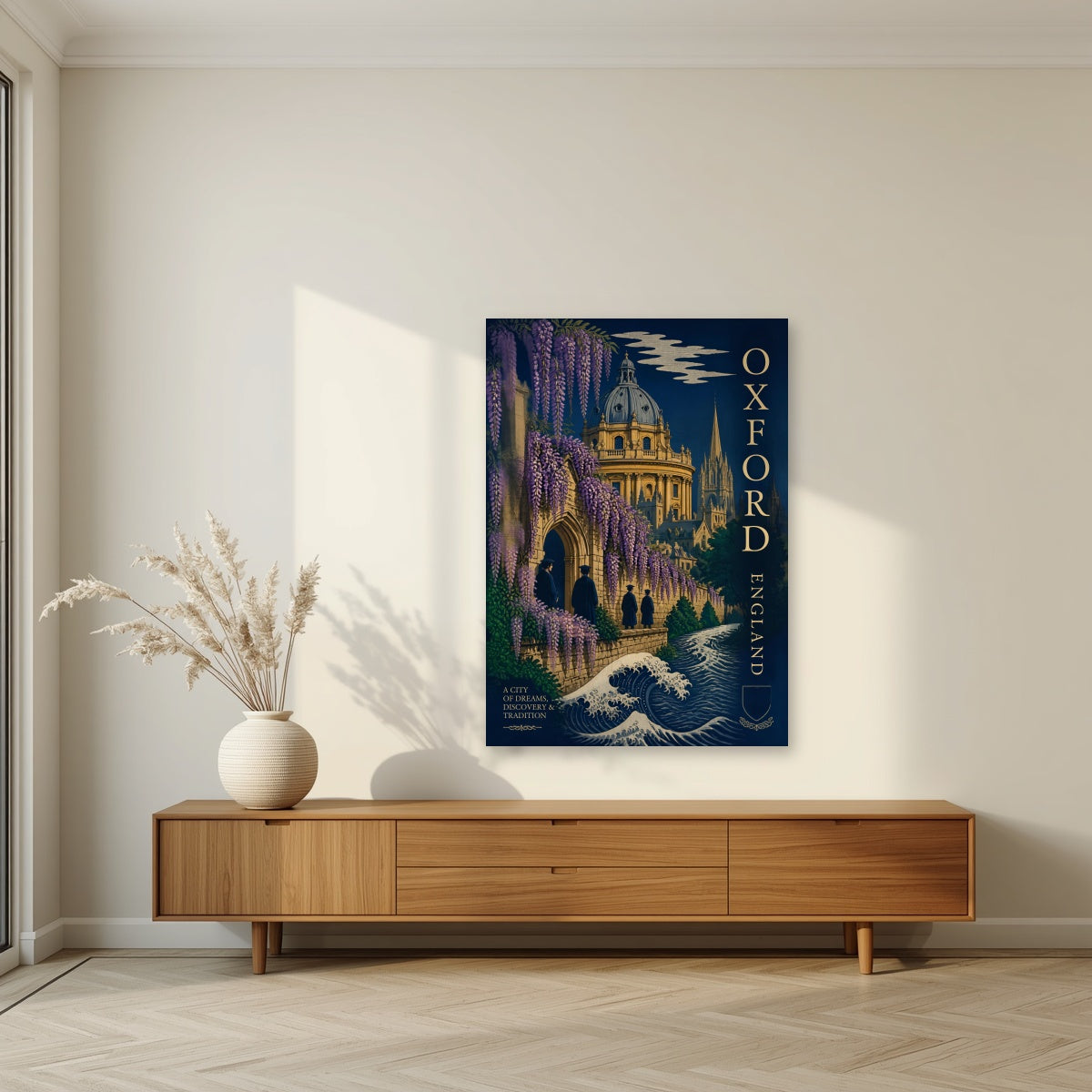 Oxford, A City of Dreams as an unframed print, above a walnut sideboard in a living room