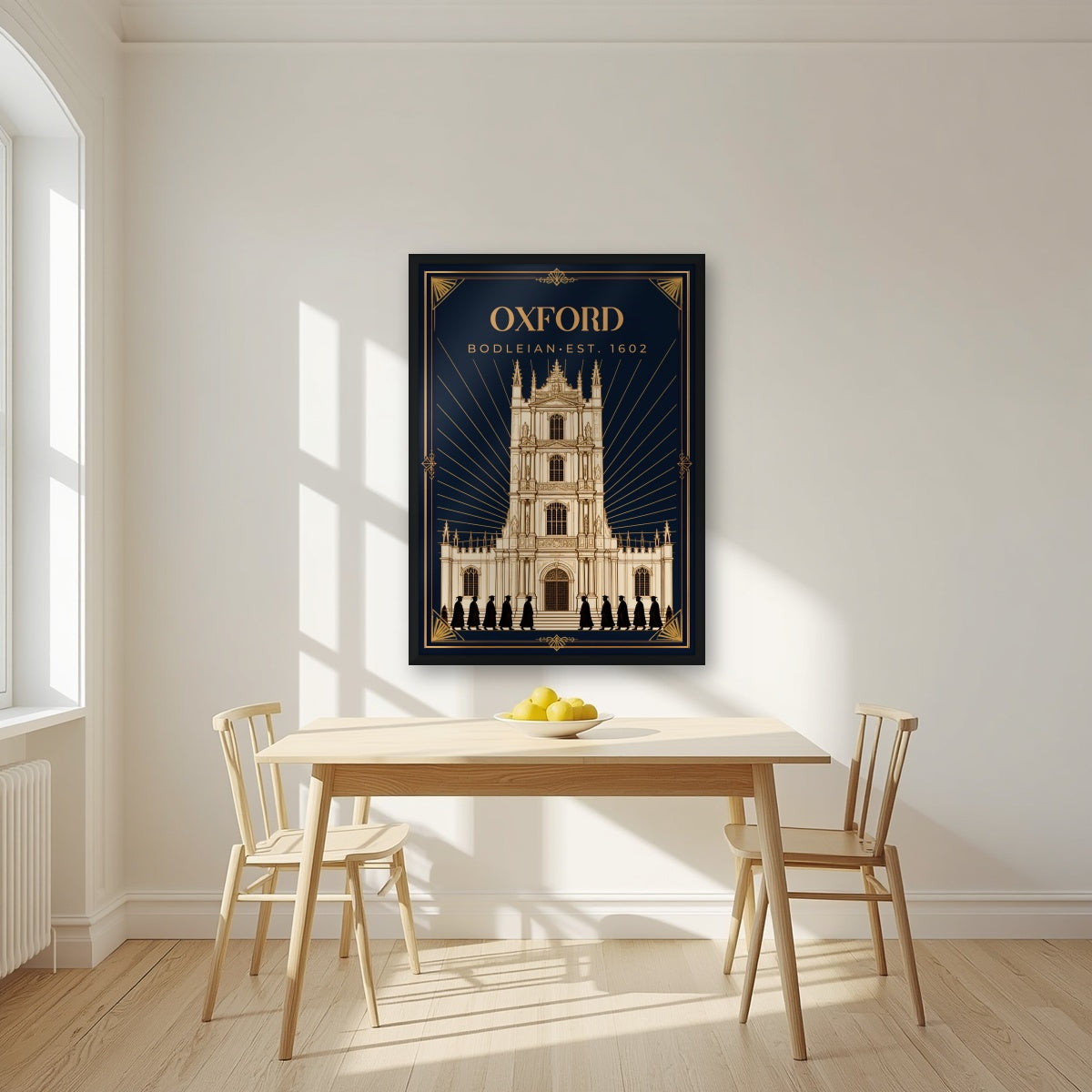 Oxford Bodleian in a black frame, above a dining table in a bright kitchen