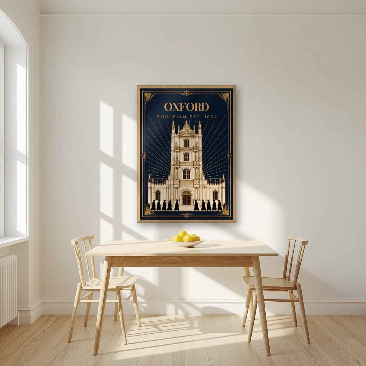 Oxford Bodleian in an oak frame, above a dining table in a bright kitchen