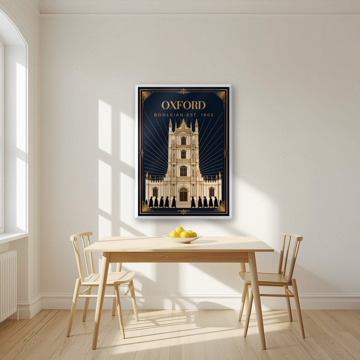 Oxford Bodleian in a white frame, above a dining table in a bright kitchen