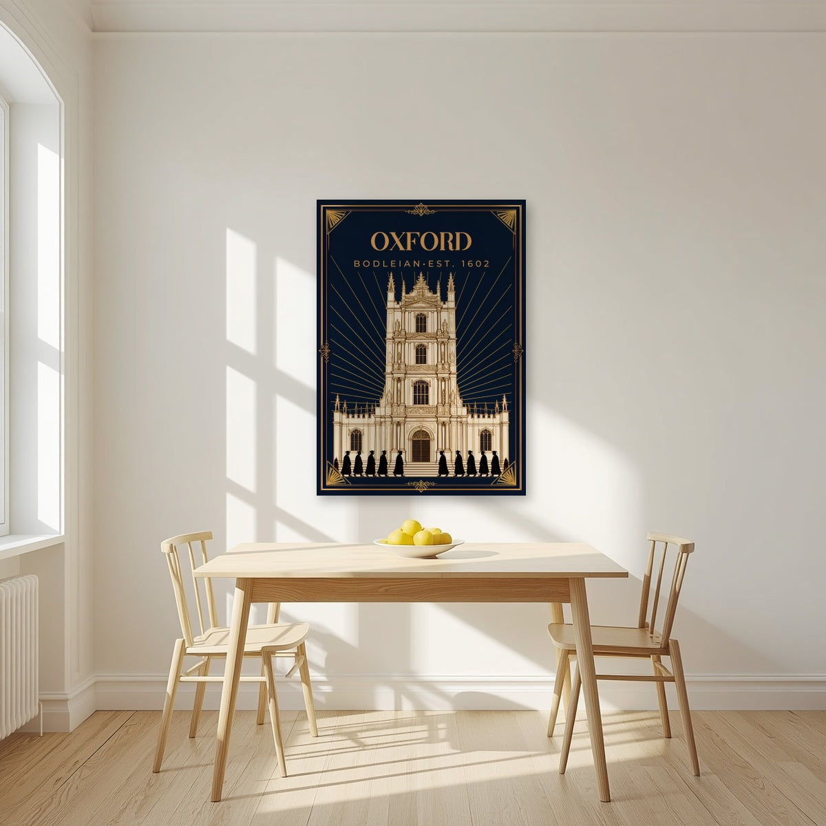 Oxford Bodleian as an unframed print, above a dining table in a bright kitchen