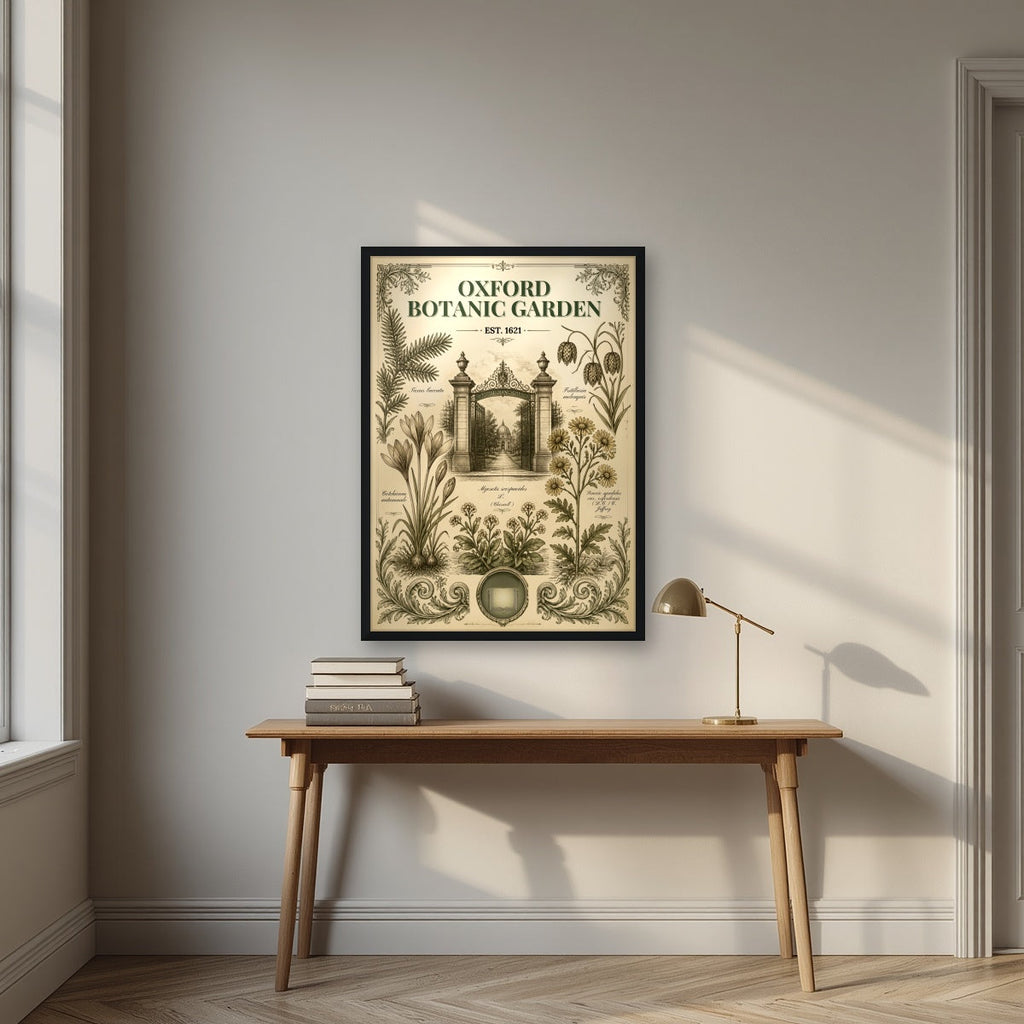 Oxford Botanic Garden in a black frame, above an oak writing desk