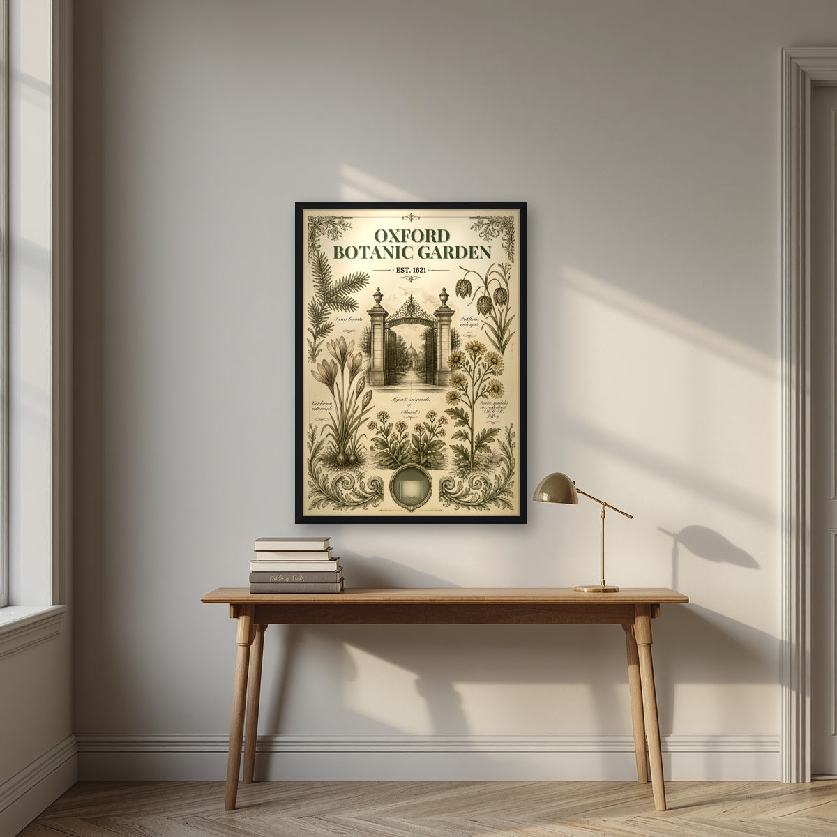Oxford Botanic Garden in a black frame, above an oak writing desk
