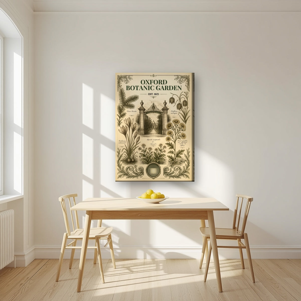 Oxford Botanic Garden on a slim-edge canvas, above a dining table in a bright kitchen