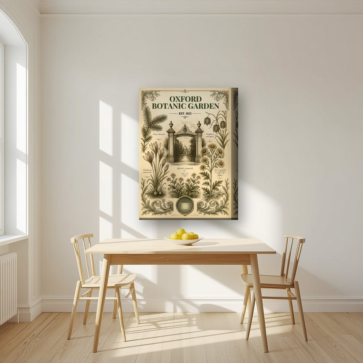 Oxford Botanic Garden on a thick-edge canvas, above a dining table in a bright kitchen