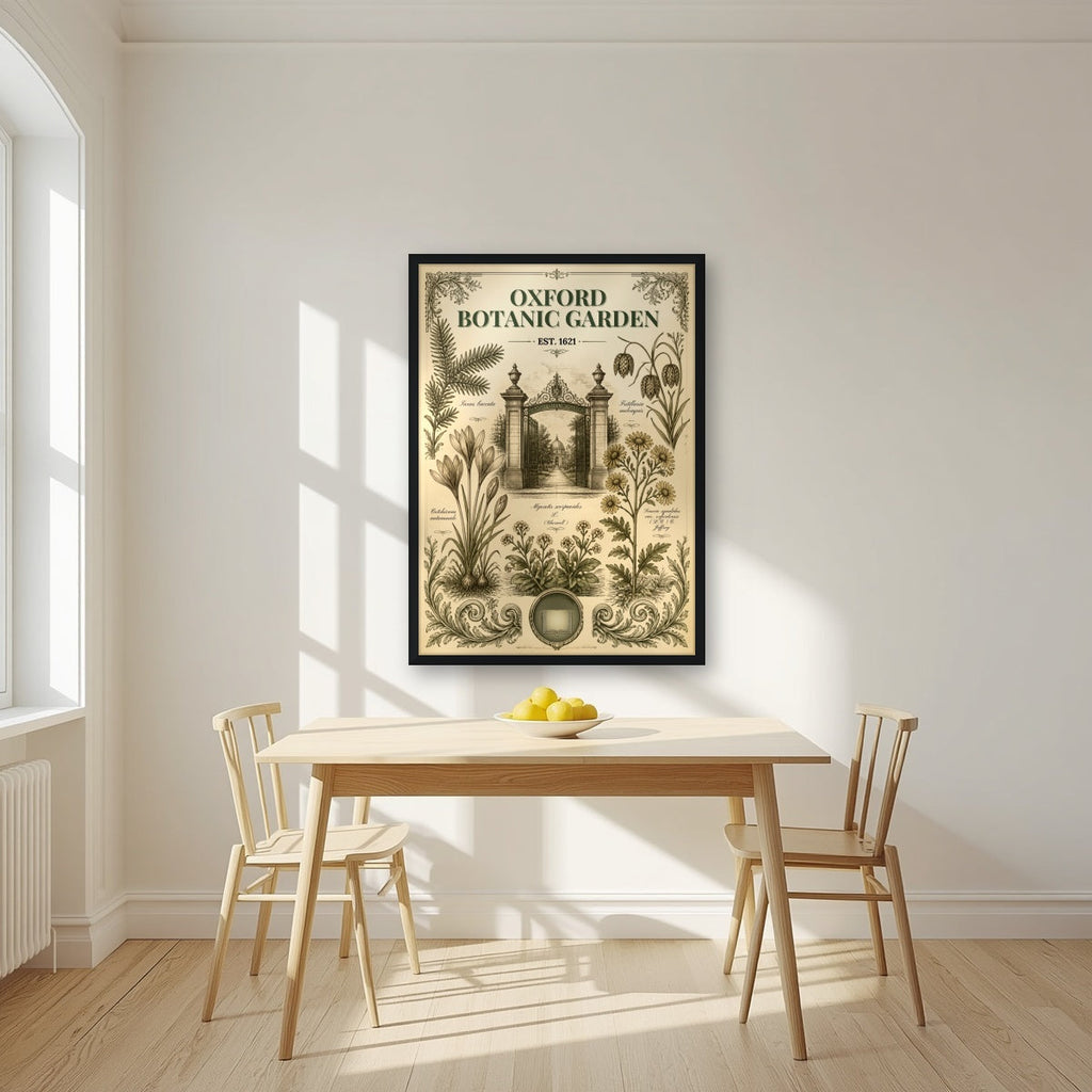 Oxford Botanic Garden in a black frame, above a dining table in a bright kitchen