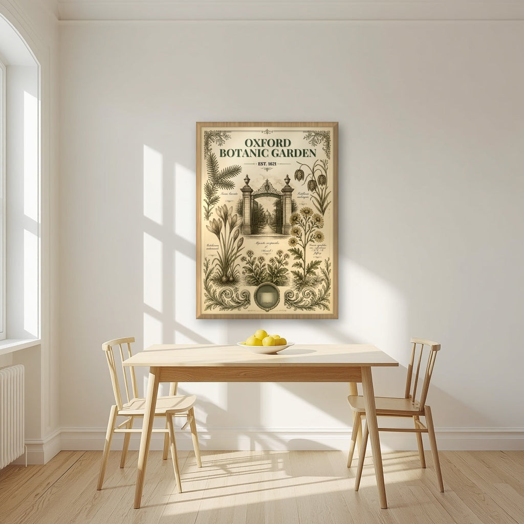 Oxford Botanic Garden in an oak frame, above a dining table in a bright kitchen