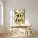 Oxford Botanic Garden in an oak frame, above a dining table in a bright kitchen