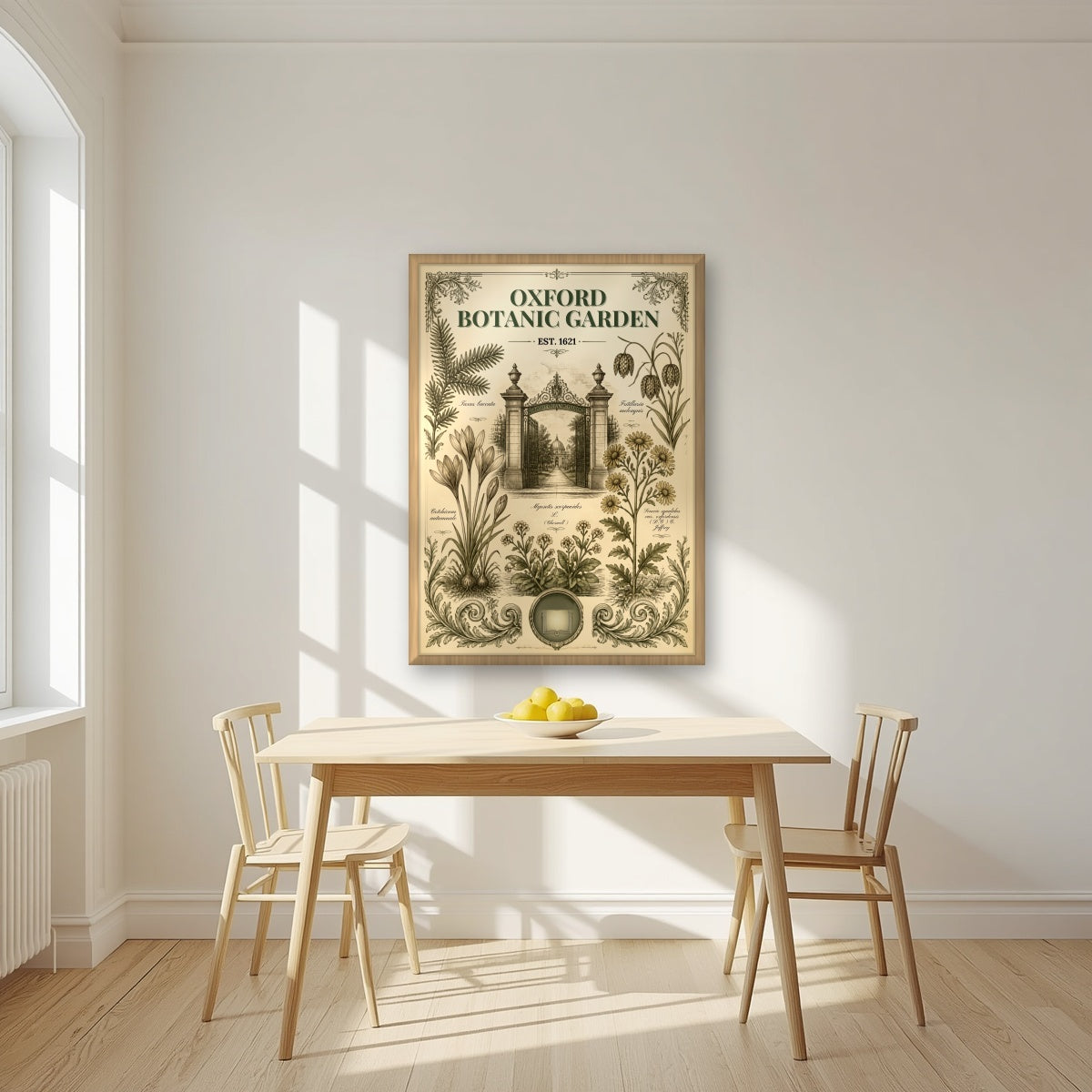 Oxford Botanic Garden in an oak frame, above a dining table in a bright kitchen