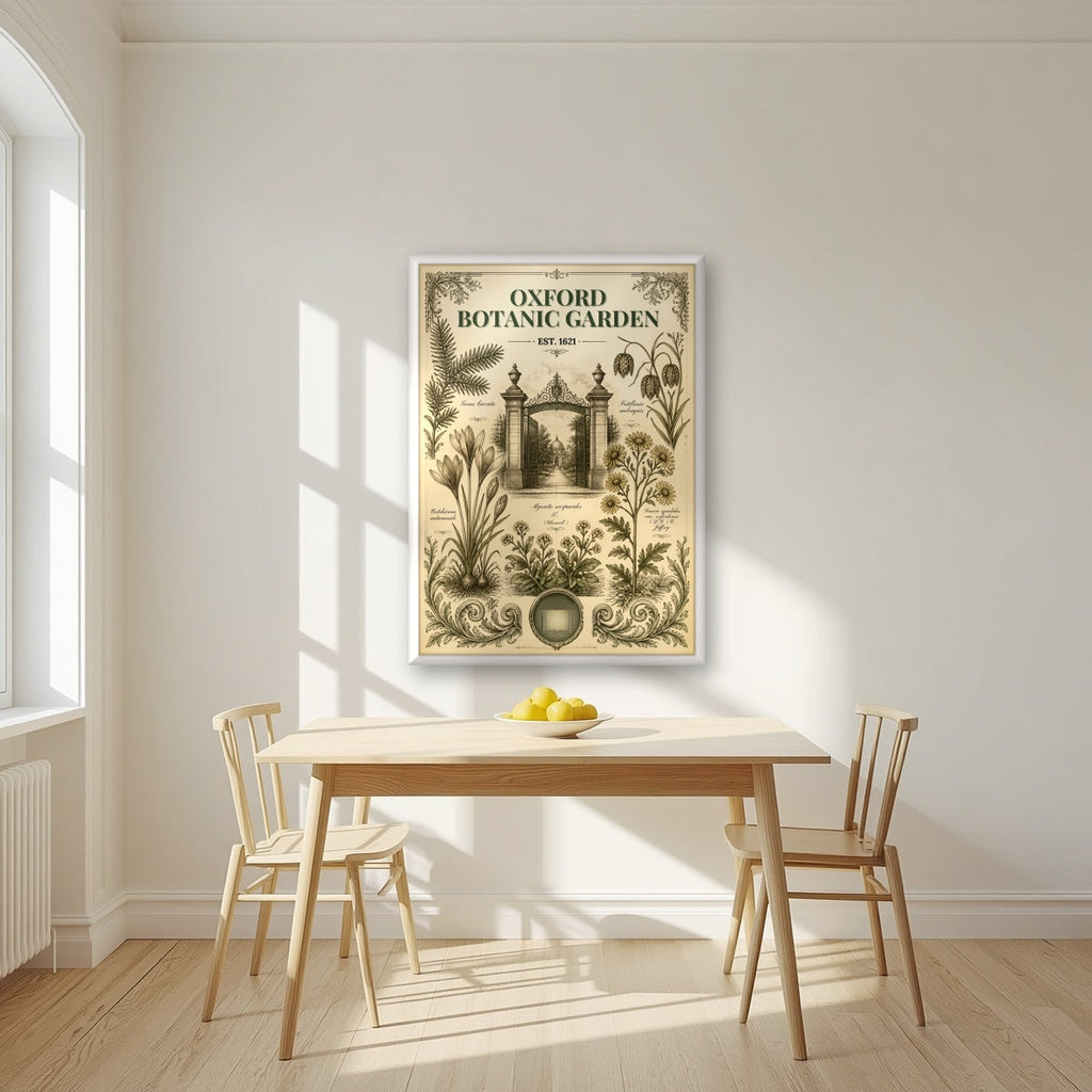 Oxford Botanic Garden in a white frame, above a dining table in a bright kitchen
