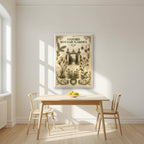 Oxford Botanic Garden in a white frame, above a dining table in a bright kitchen