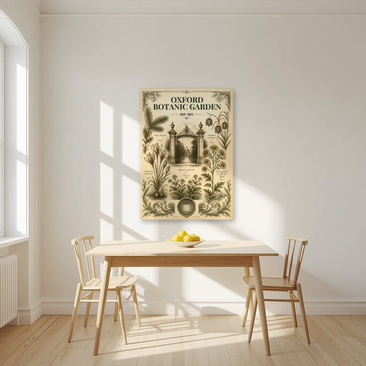 Oxford Botanic Garden as an unframed print, above a dining table in a bright kitchen