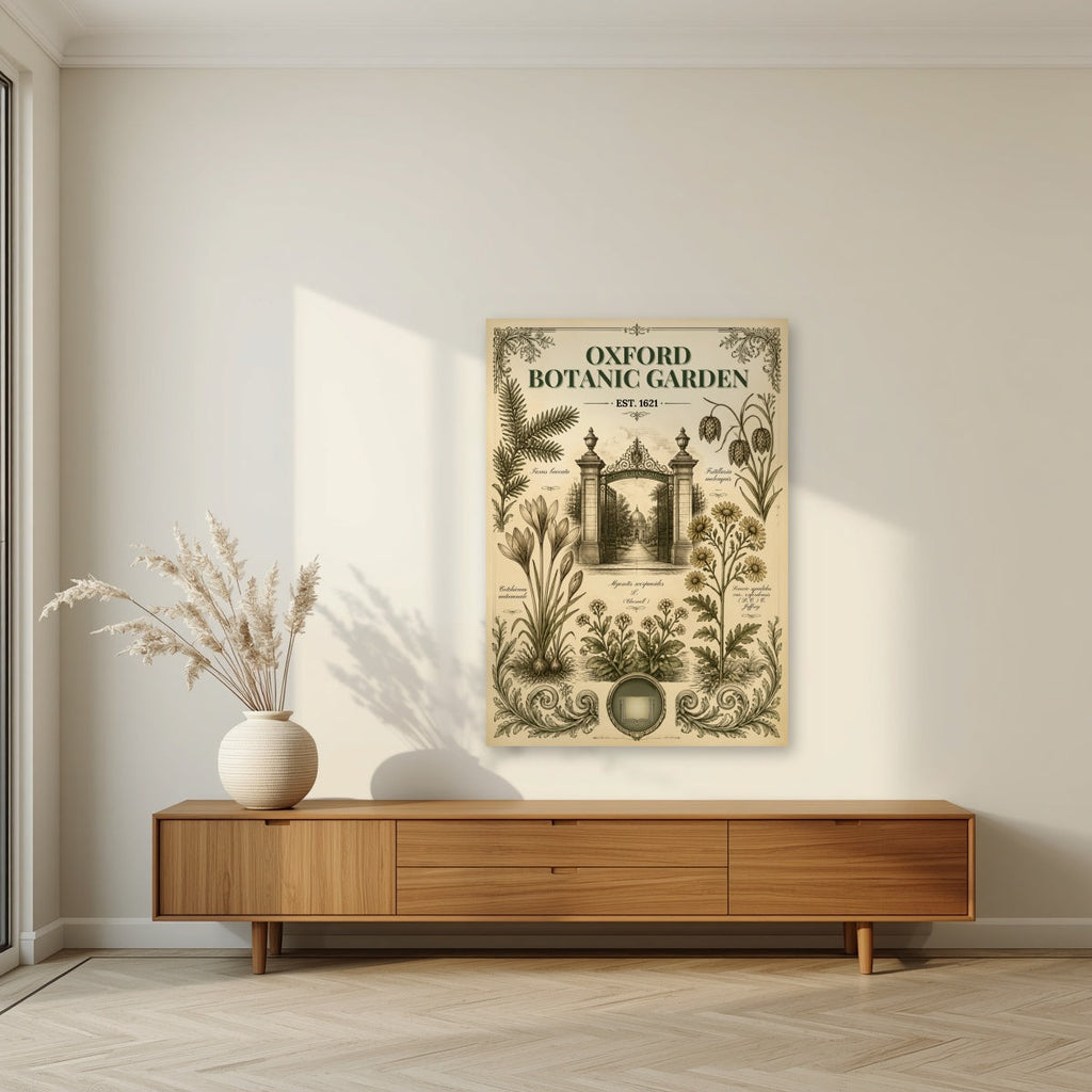Oxford Botanic Garden as an unframed print, above a walnut sideboard in a living room