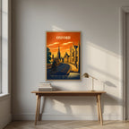 Oxford Dreaming Spires in an oak frame, above an oak writing desk