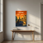 Oxford Dreaming Spires in a white frame, above an oak writing desk