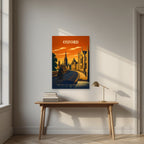 Oxford Dreaming Spires as an unframed print, above an oak writing desk