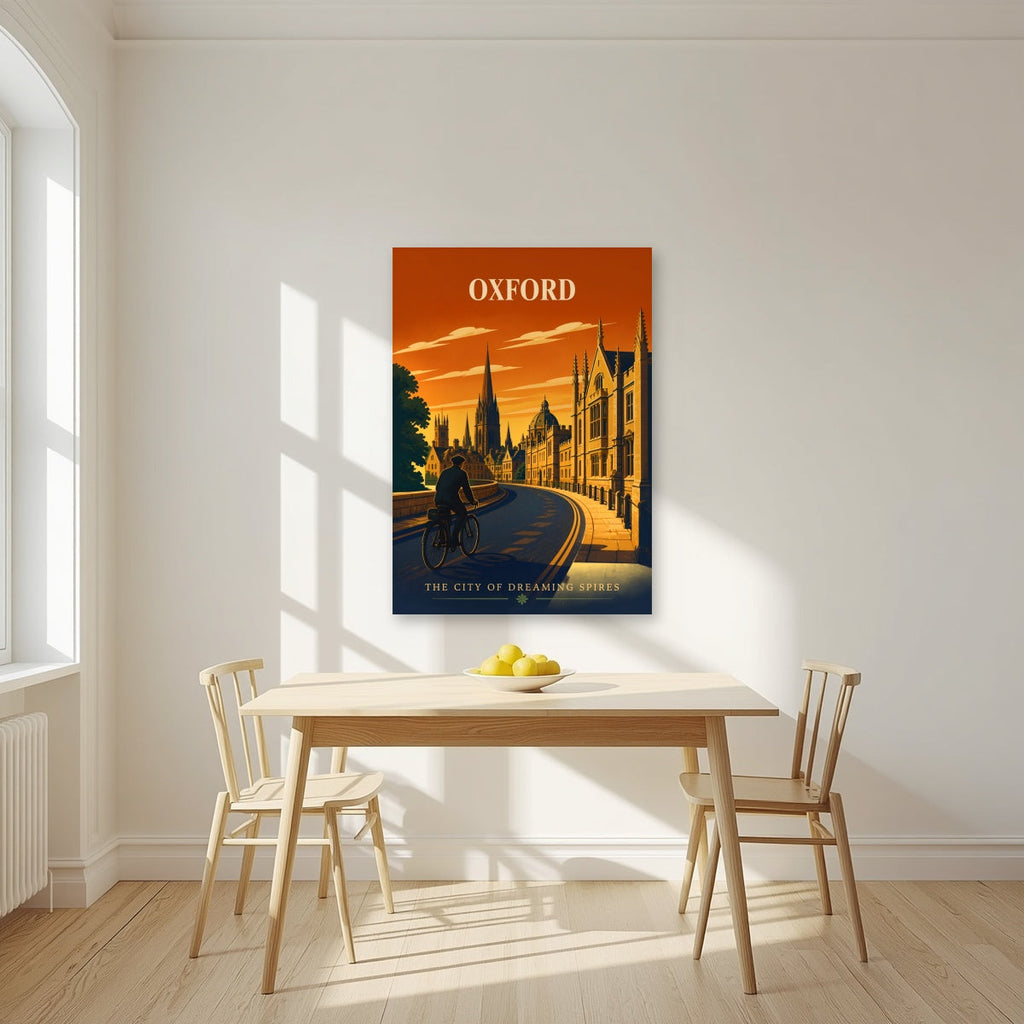 Oxford Dreaming Spires as an unframed print, above a dining table in a bright kitchen