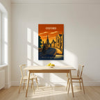 Oxford Dreaming Spires as an unframed print, above a dining table in a bright kitchen