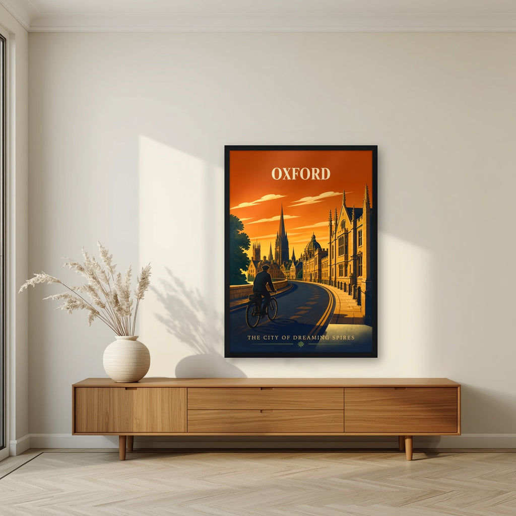 Oxford Dreaming Spires in a black frame, above a walnut sideboard in a living room