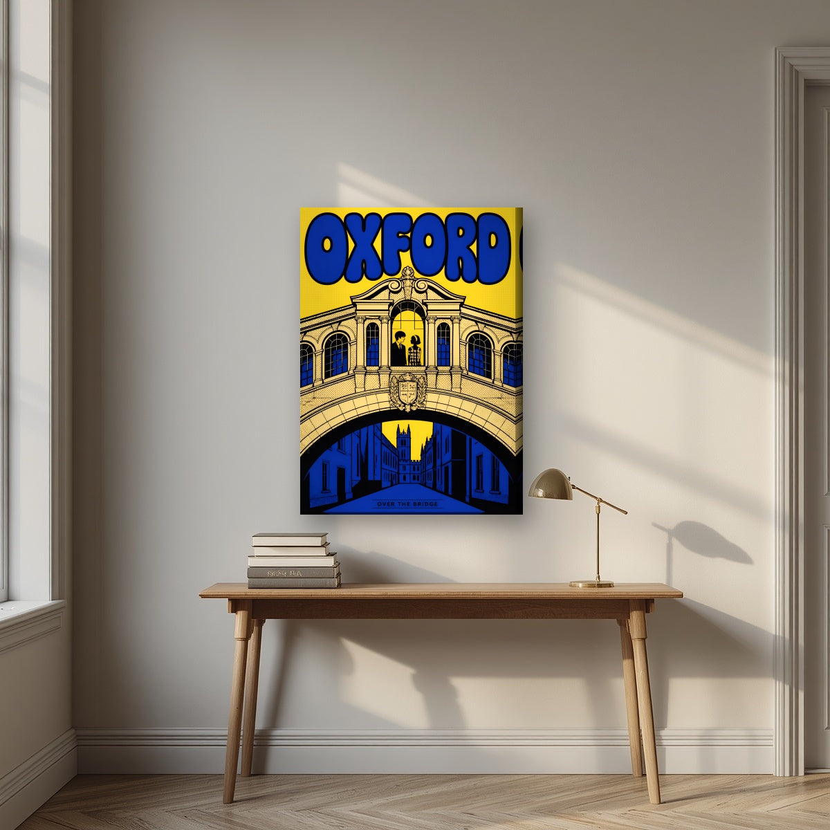 Oxford, Over the Bridge on a slim-edge canvas, above an oak writing desk