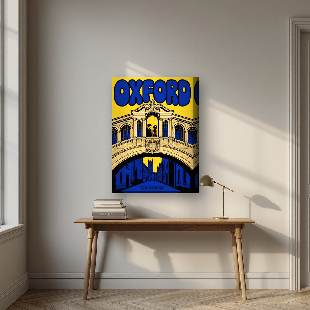 Oxford, Over the Bridge on a thick-edge canvas, above an oak writing desk