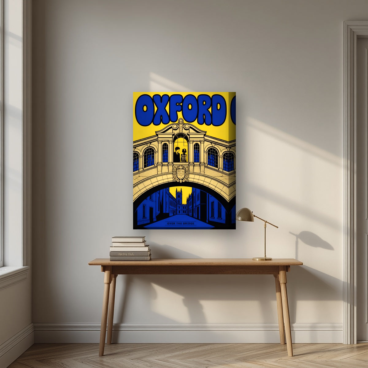 Oxford, Over the Bridge on a thick-edge canvas, above an oak writing desk