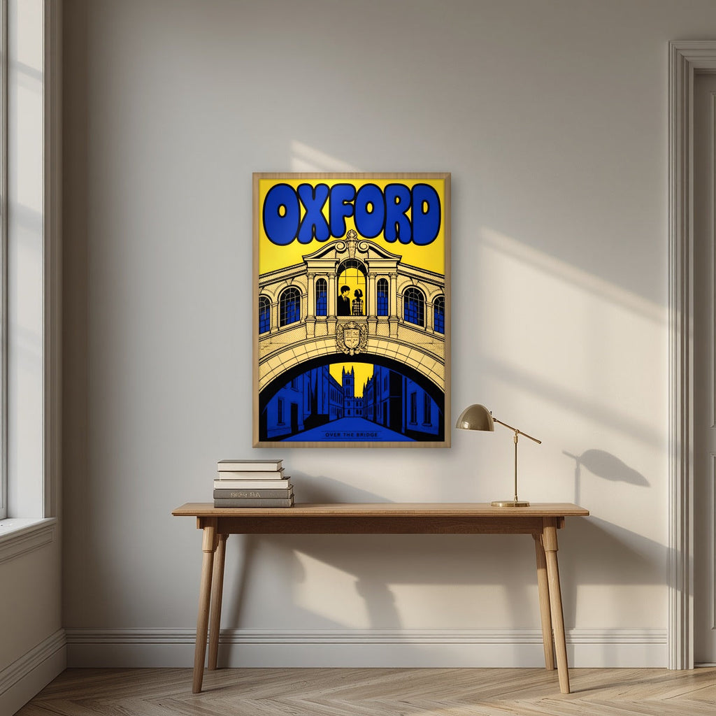 Oxford, Over the Bridge in an oak frame, above an oak writing desk