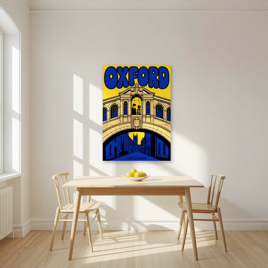 Oxford, Over the Bridge as an unframed print, above a dining table in a bright kitchen