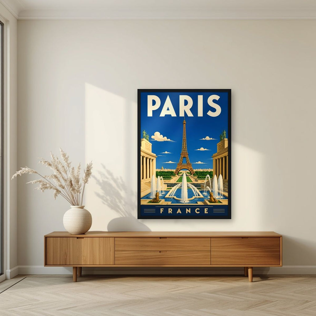 Fontaines du Trocadéro — Paris art print, in a black frame, styled in a living room