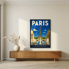 Fontaines du Trocadéro — Paris art print, in a black frame, styled in a living room